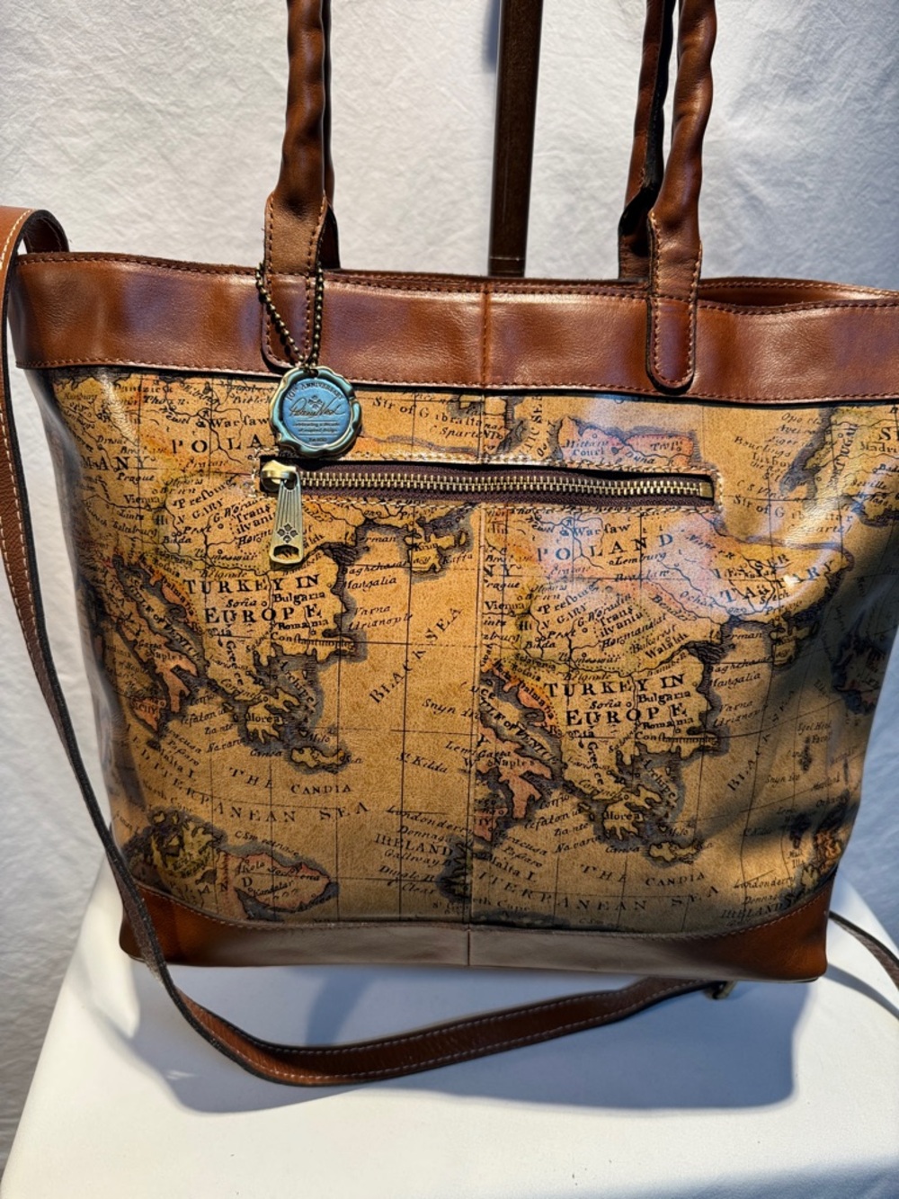 Patricia Nash Map Print Leather Tote in Tan and Brown - Picture 2 of 13